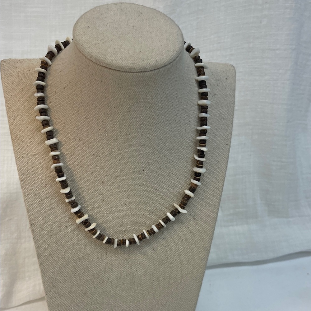 Handcrafted BlueRica Coconut Wood & Puka Shell Beads Necklace.